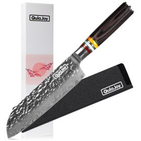 Qulajoy 7 Inch Nakiri Chef Knife,Professional Japanese 67 Layers Damascus VG-10 Steel Core,Hammered Vegetable Cutting Knife,Ergonomic Pakkawood Handle (Option: Santoku Knife)