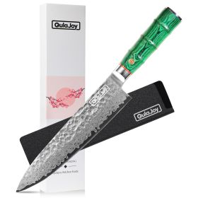 Qulajoy Japanese Chef Knife 8 Inch,67 Layers Damascus VG-10 Steel Core,Professional Hammered Kitchen Knife,Handcrafted With Ergonomic Bamboo Shape Han (Color: Green)