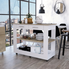 Brooklyn 46 Kitchen Island; Two Shelves; Two Drawers (Color: White / Light Oak)