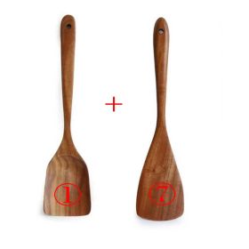7pcs/set Teak Natural Wood Tableware Spoon Ladle Turner Rice Colander Soup Skimmer Cooking Spoon Scoop Kitchen Reusable Tool Kit (Color: 2PC 17)