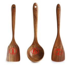 7pcs/set Teak Natural Wood Tableware Spoon Ladle Turner Rice Colander Soup Skimmer Cooking Spoon Scoop Kitchen Reusable Tool Kit (Color: 3PC 167)