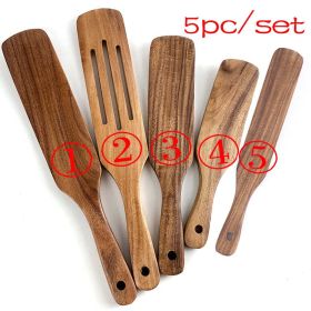 7pcs/set Teak Natural Wood Tableware Spoon Ladle Turner Rice Colander Soup Skimmer Cooking Spoon Scoop Kitchen Reusable Tool Kit (Color: shovel 5PC)