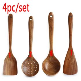 7pcs/set Teak Natural Wood Tableware Spoon Ladle Turner Rice Colander Soup Skimmer Cooking Spoon Scoop Kitchen Reusable Tool Kit (Color: 4pc)