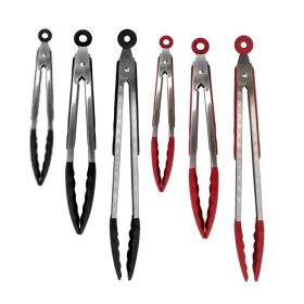 3Pcs Tongs With Silicon Tip Household Kitchen Utensil Stainless Steel High Heat Resistant Locking BBQ Cooking Accessories Baking (Color: Black)