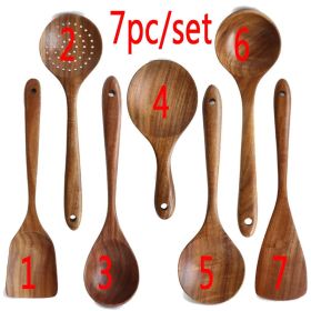 7pcs/set Teak Natural Wood Tableware Spoon Ladle Turner Rice Colander Soup Skimmer Cooking Spoon Scoop Kitchen Reusable Tool Kit (Color: 7pc)